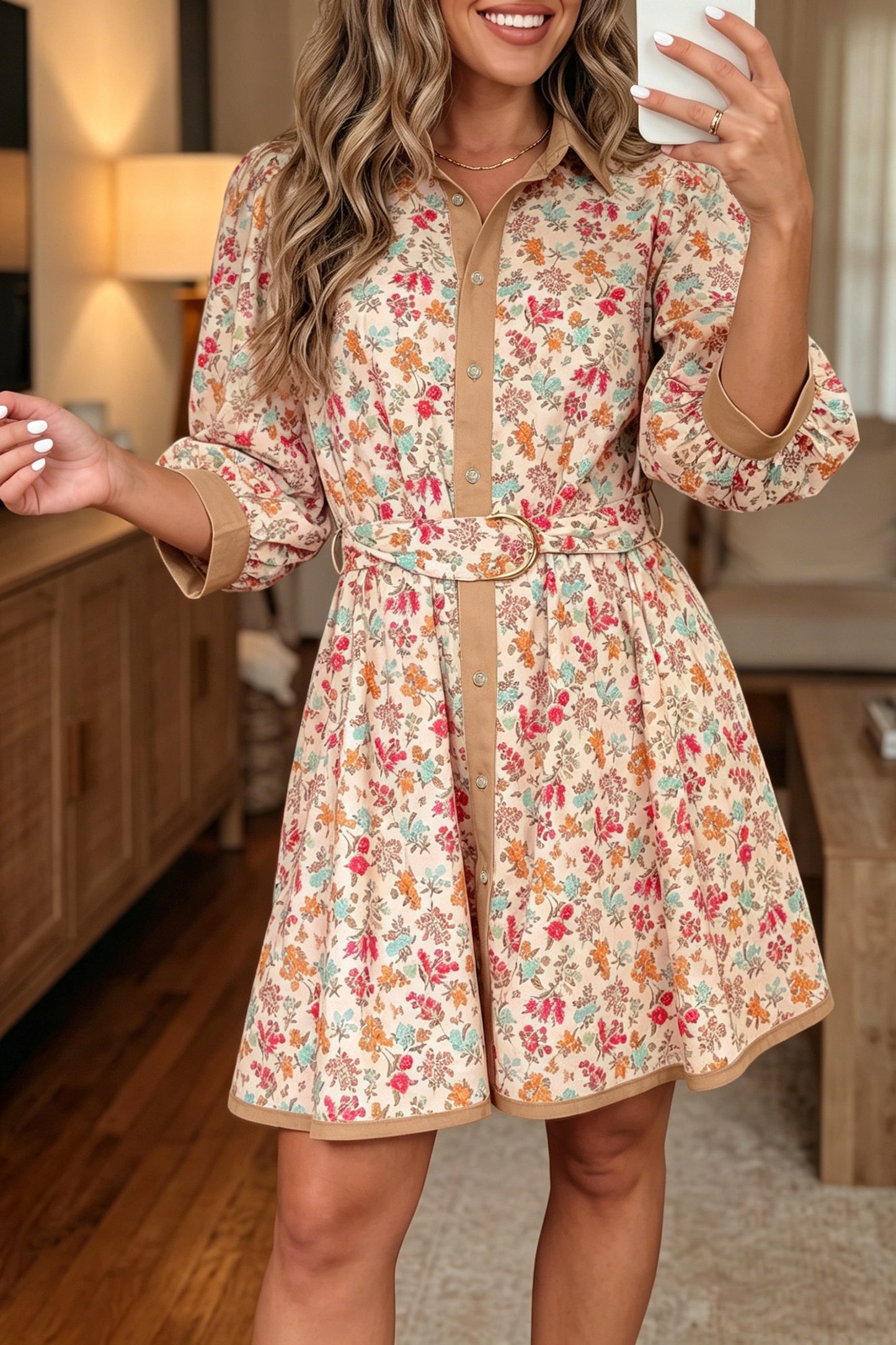 ~PREORDER ~ Floral Print Color Block Trim Belted Mini Dress ~PREORDER ~
