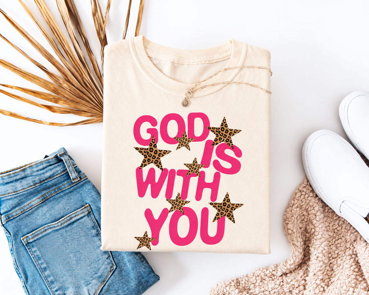 God Is With You Graphic Tee | Ivory Leopard Star Faith T-Shirt