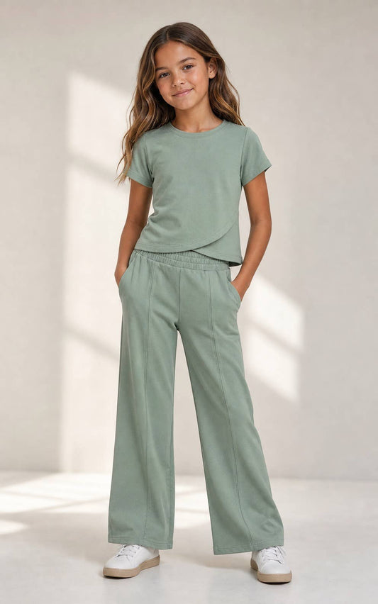 Tween Girls Sage Tulip Hem Top & Wide Leg Pants Set | Jersey Two-Piece Outfit