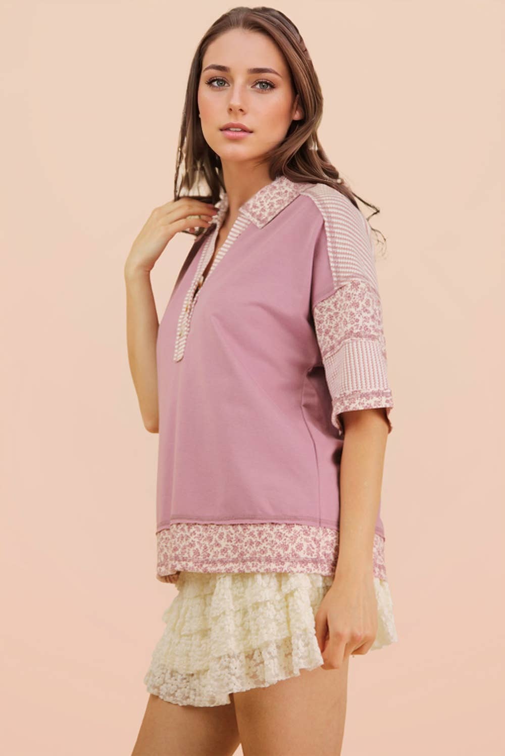 Blush Contrast Collared Knit Top | Oversized Half Button Down Shirt