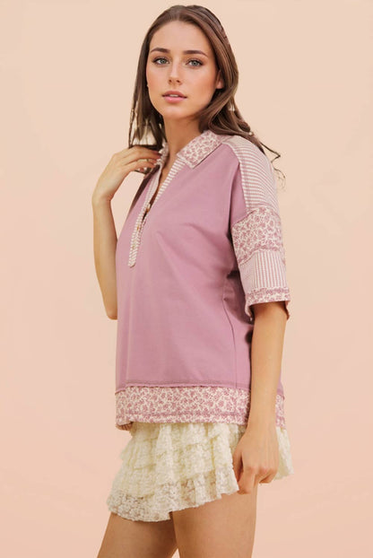 Blush Contrast Collared Knit Top | Oversized Half Button Down Shirt