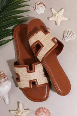 Coffee Faux Raffia Open Toe Slippers | Textured Slide Sandals for Everyday Wear