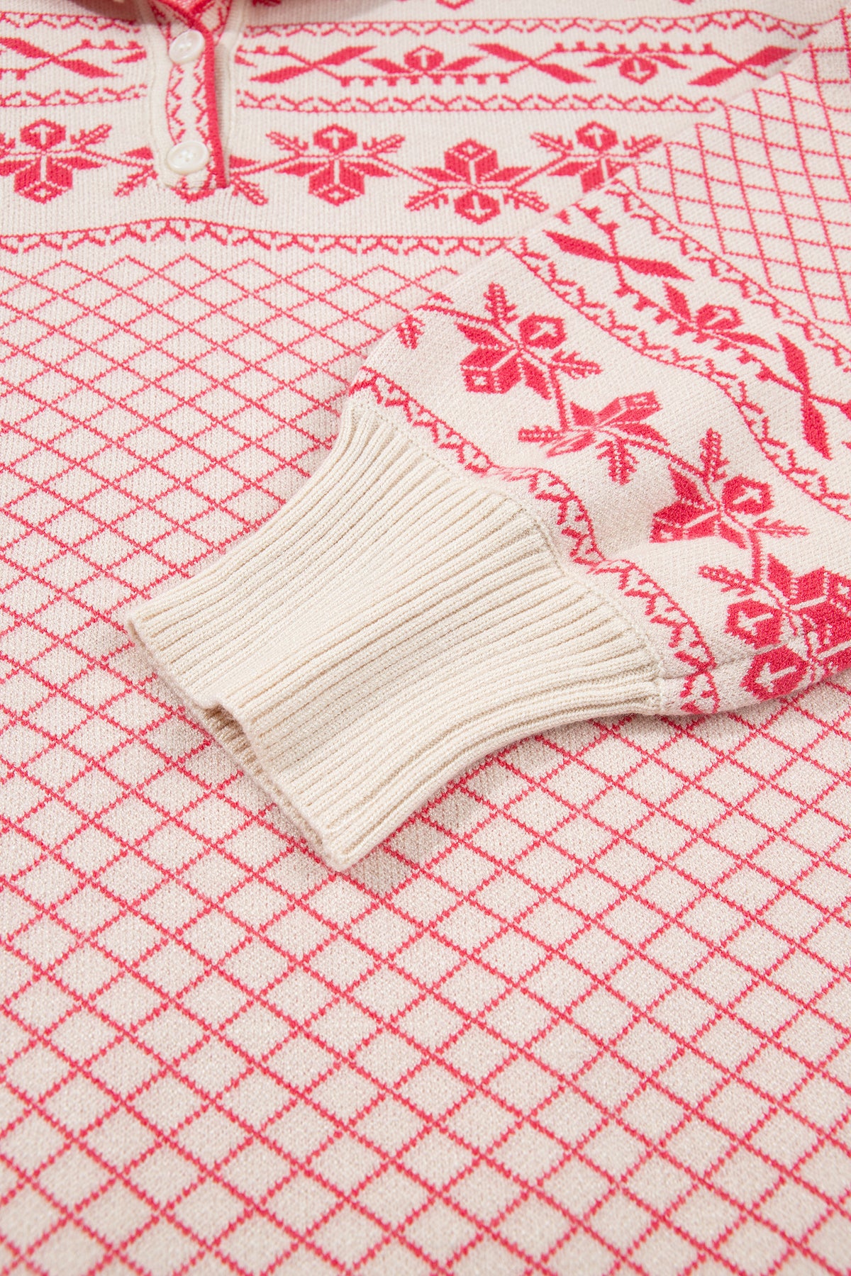 Candy Cane Chalet Sweater | Pink Nordic Quarter Button Knit Pullover