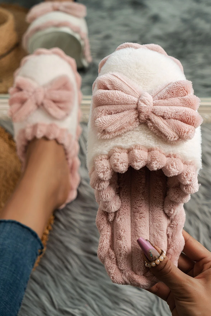 Blush Bow Plush Slippers | Color Block Ribbed Lounge Slippers