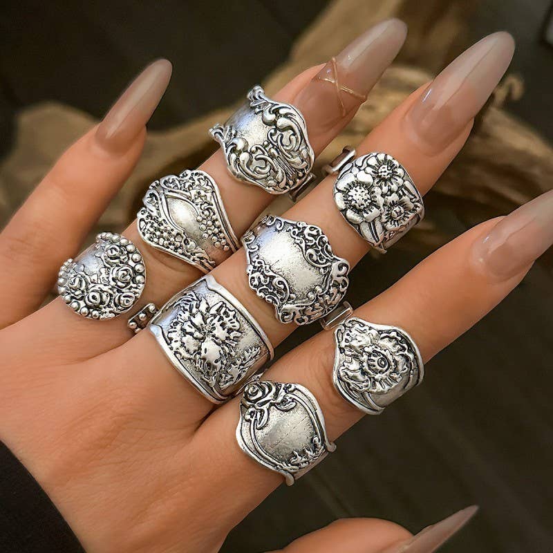 Wildflower Rebel Ring Set | Vintage Boho Silver Statement Rings