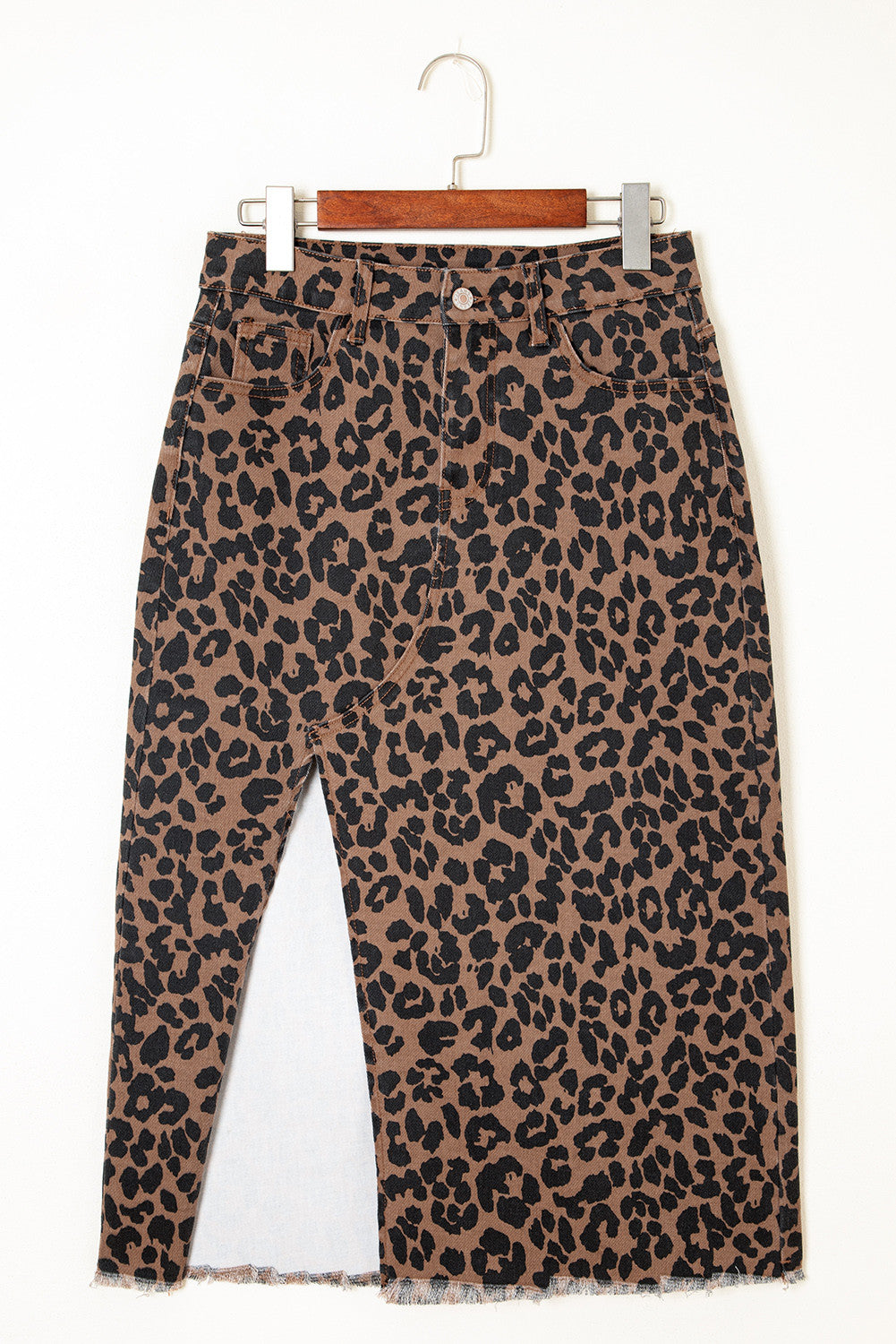 Wild Side Leopard Denim Midi Skirt | Brown Frayed Hem Stretch Skirt