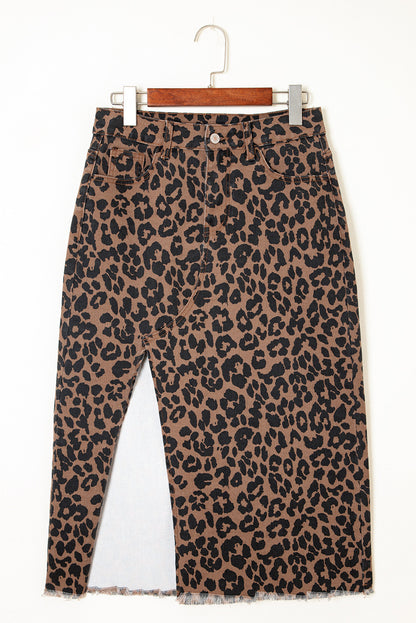 Wild Side Leopard Denim Midi Skirt | Brown Frayed Hem Stretch Skirt