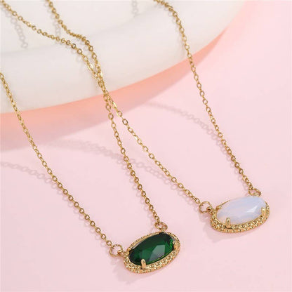 Emerald Glow Bezel Necklace | Gold Oval Gemstone Pendant Necklace