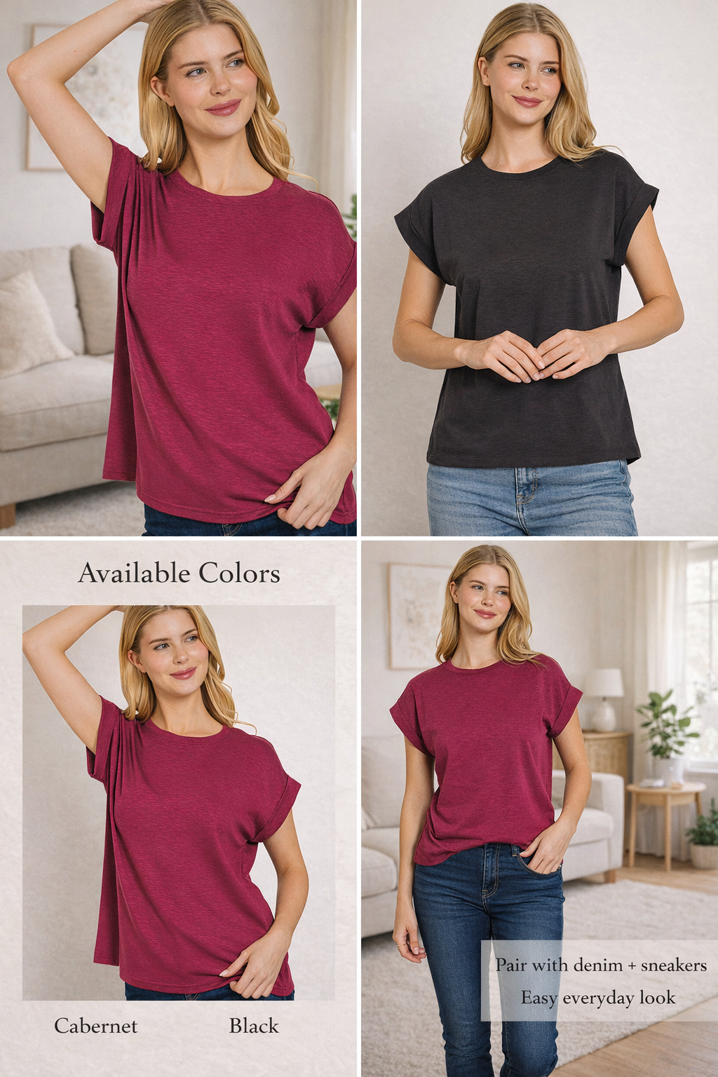 Zenana Cotton Modal Slub Tee – Rolled Sleeve Soft Stretch Everyday Top
