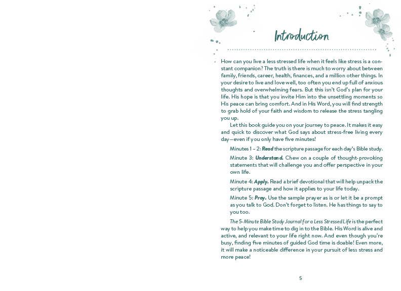 “The 5-Minute Bible Study Journal for a Less Stressed Life — front cover floral design”

“Inside pages showing daily devotional format: Read, Understand, Apply, Pray”

“Spiral bound devotional journal—pocket-friendly size”