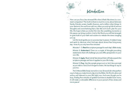 “The 5-Minute Bible Study Journal for a Less Stressed Life — front cover floral design”

“Inside pages showing daily devotional format: Read, Understand, Apply, Pray”

“Spiral bound devotional journal—pocket-friendly size”