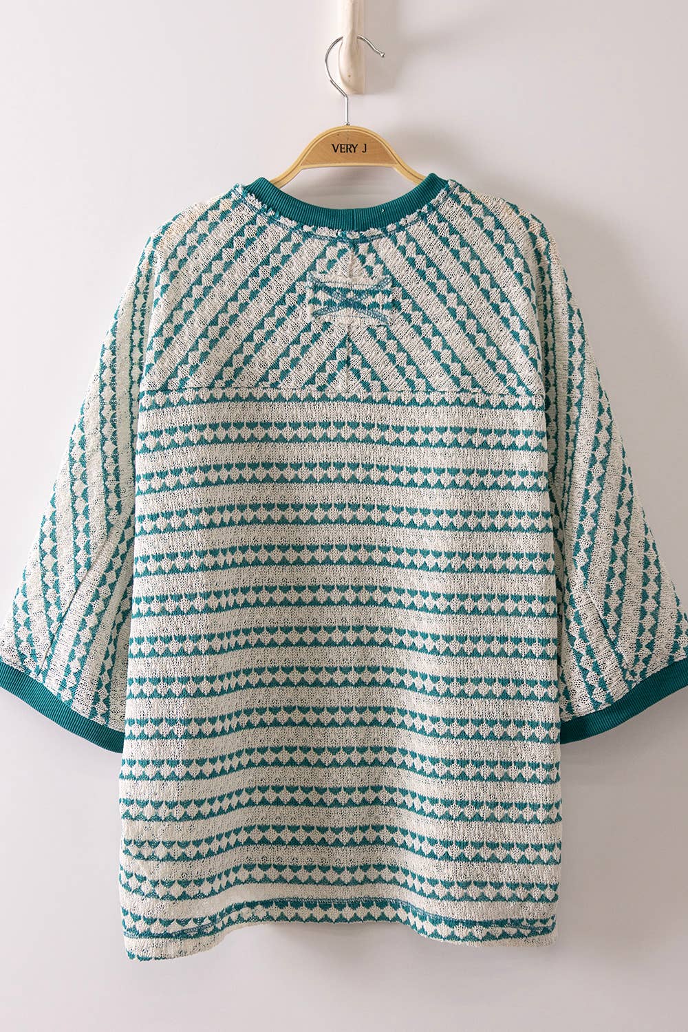 Textured Stripe Knit Top | Teal Contrast Ribbed Short Sleeve Shirt