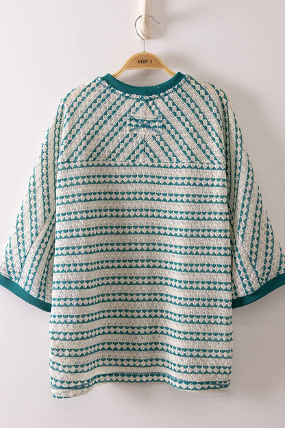 Textured Stripe Knit Top | Teal Contrast Ribbed Short Sleeve Shirt