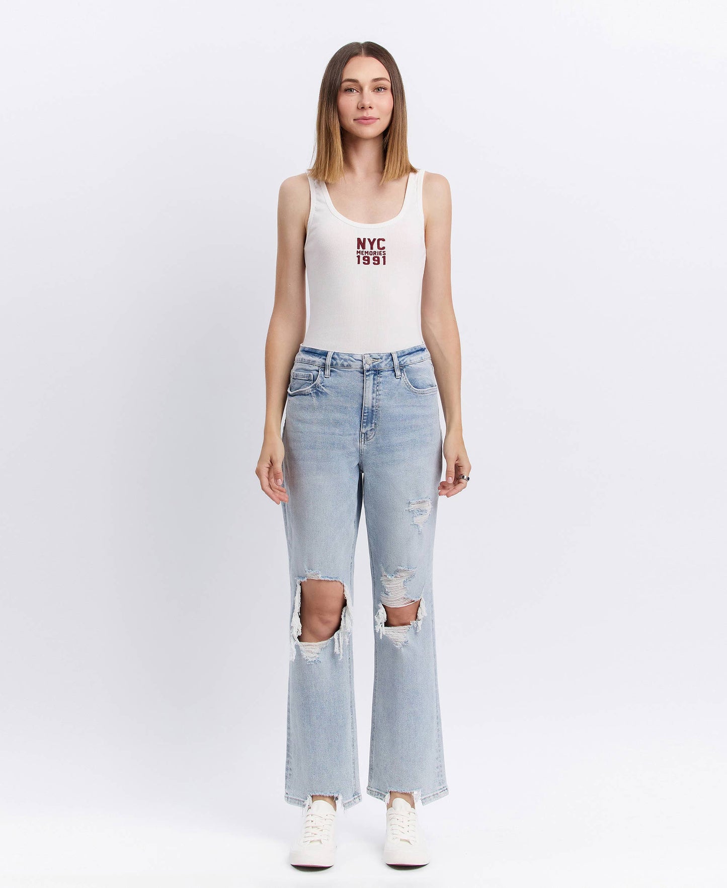 90s Icon Super High Rise Distressed Straight Leg Jeans – Comfort Stretch Ankle Denim Vervet T5933