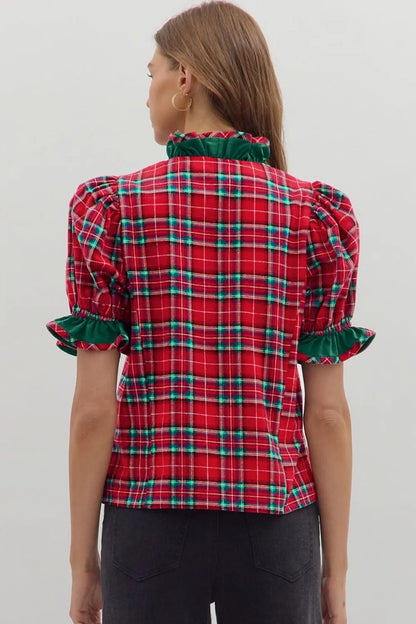 ~PREORDER~ Red Plaid Ruffle Trim Short Sleeve Shirt ~PREORDER~