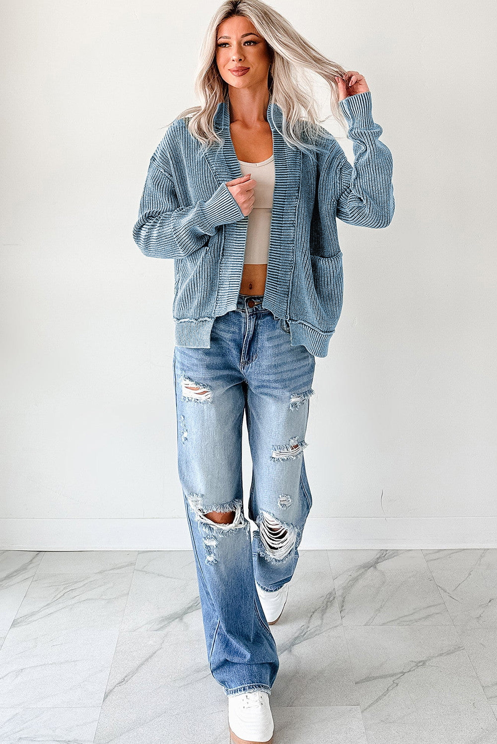 ~PREORDER ~ Mineral Wash Exposed Seam Patchwork Knit Open Sweater Cardigan ~PREORDER ~