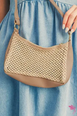Khaki Straw Woven Leather Patchwork Shoulder Bag