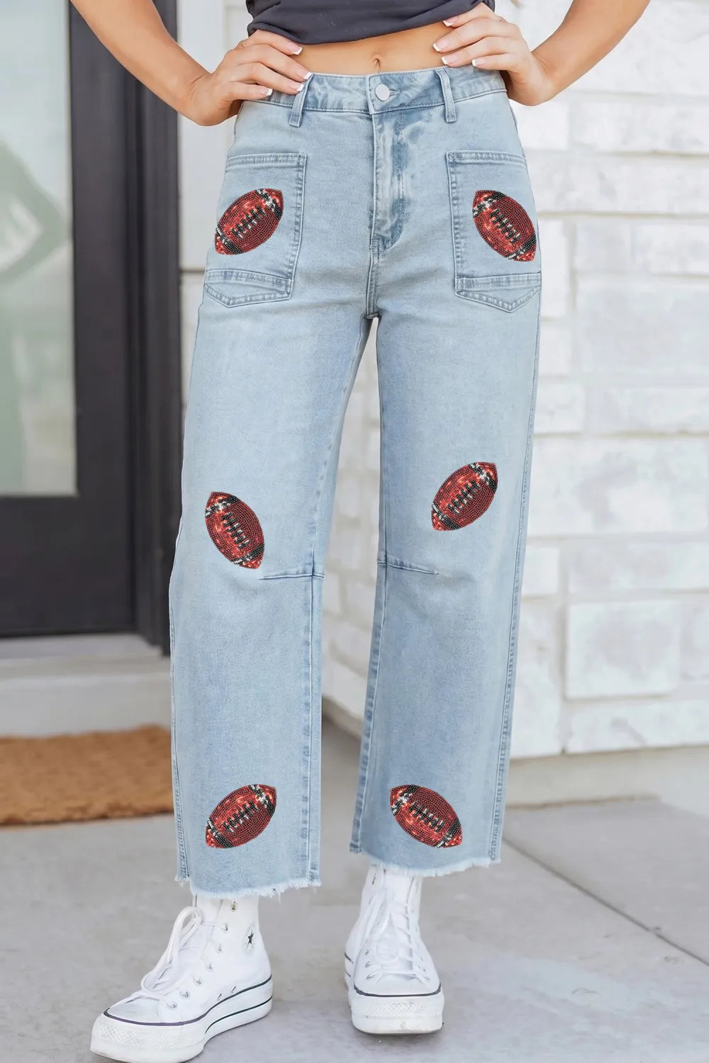 ~PREORDER~ Beau Blue Sequin Football Pattern Raw Hem Casual Jeans ~PREORDER~