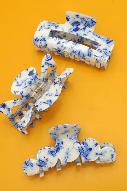 Vintage Toile Porcelain Hair Claw Clip | Blue & White Half Moon Claw Clip