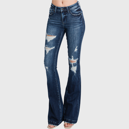 Petra Mid Rise Flare Jeans | Distressed Stretch Trouser Hem Denim