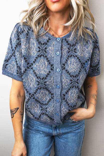 ~PREORDER ~ Blue Boho Button Front Short Sleeve Knit Cardigan ~PREORDER ~