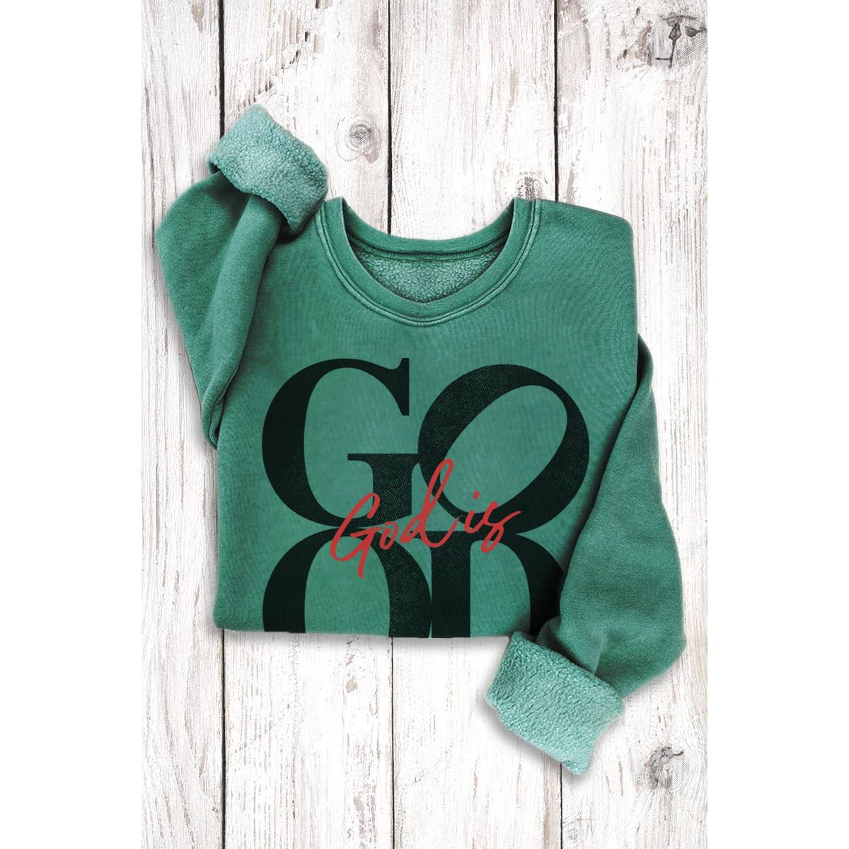 HRT & LUV God Is Good Mineral Wash Sweatshirt | Christian Graphic Crewneck Pullover