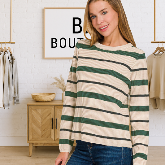 Striped Round Neck Sweater by Zenana – Cozy Casual Women’s Pullover