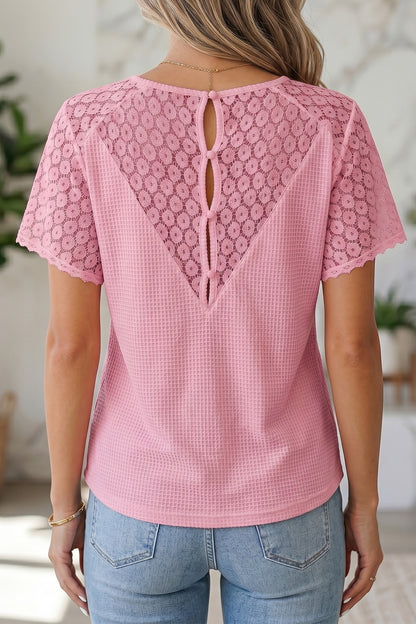 ~PREORDER ~ Lace Splicing Button Cutout V Neck Waffle Knit Blouse ~PREORDER ~