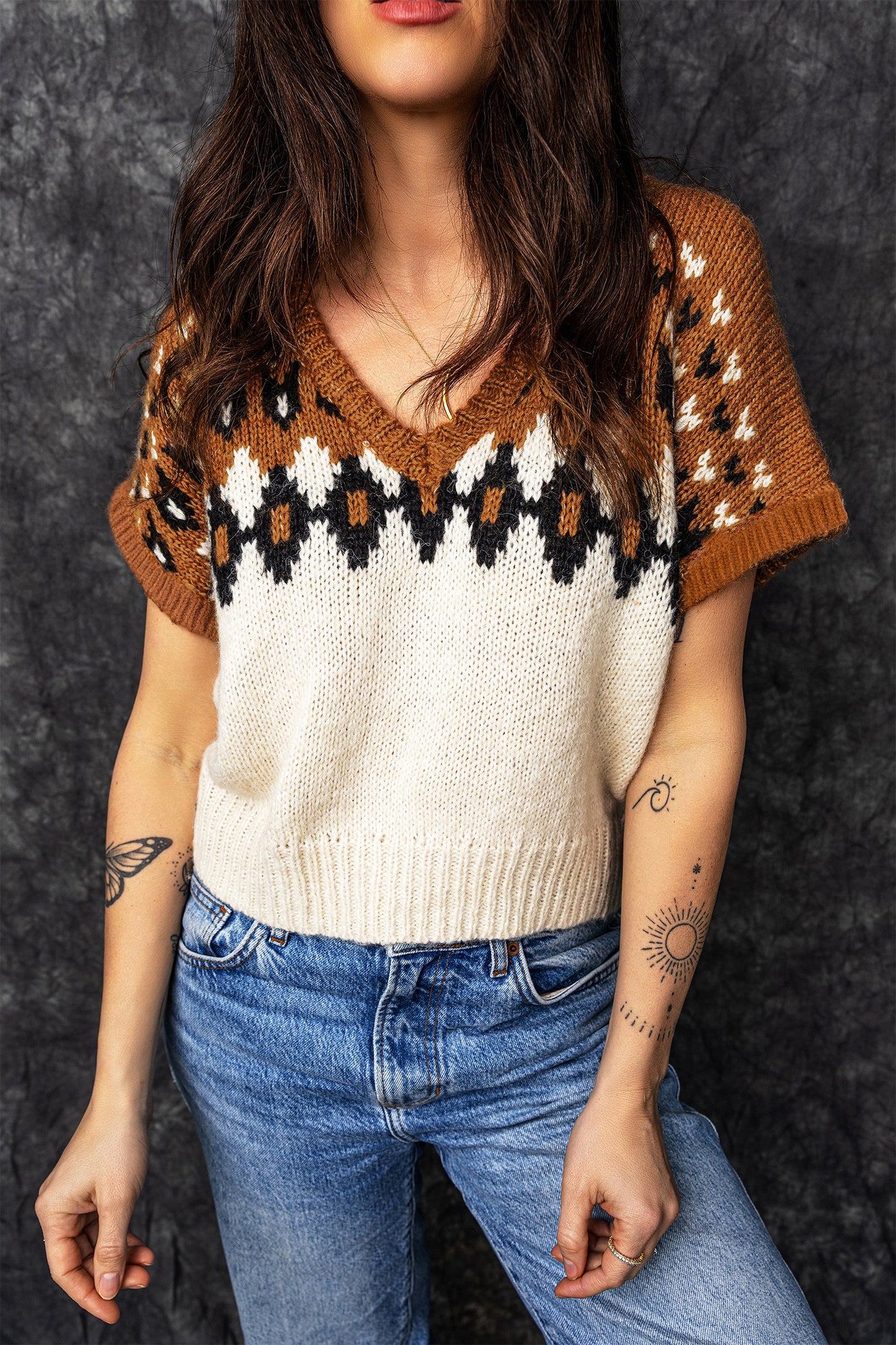 ~PREORDER~ Brown Geo Knit Sweater Vest | V Neck Short Sleeve Boutique Pullover Sweater ~PREORDER~