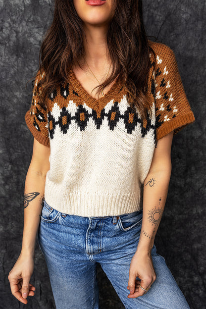 ~PREORDER~ Brown Geo Knit Sweater Vest | V Neck Short Sleeve Boutique Pullover Sweater ~PREORDER~