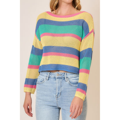 Sunset Stripe Open Knit Sweater – Lightweight Multi Color Cropped Pullover