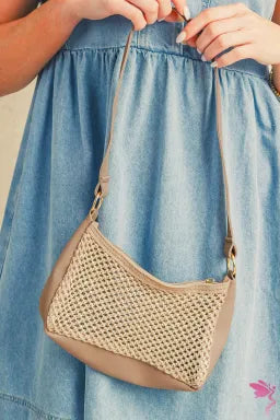 Khaki Straw Woven Leather Patchwork Shoulder Bag