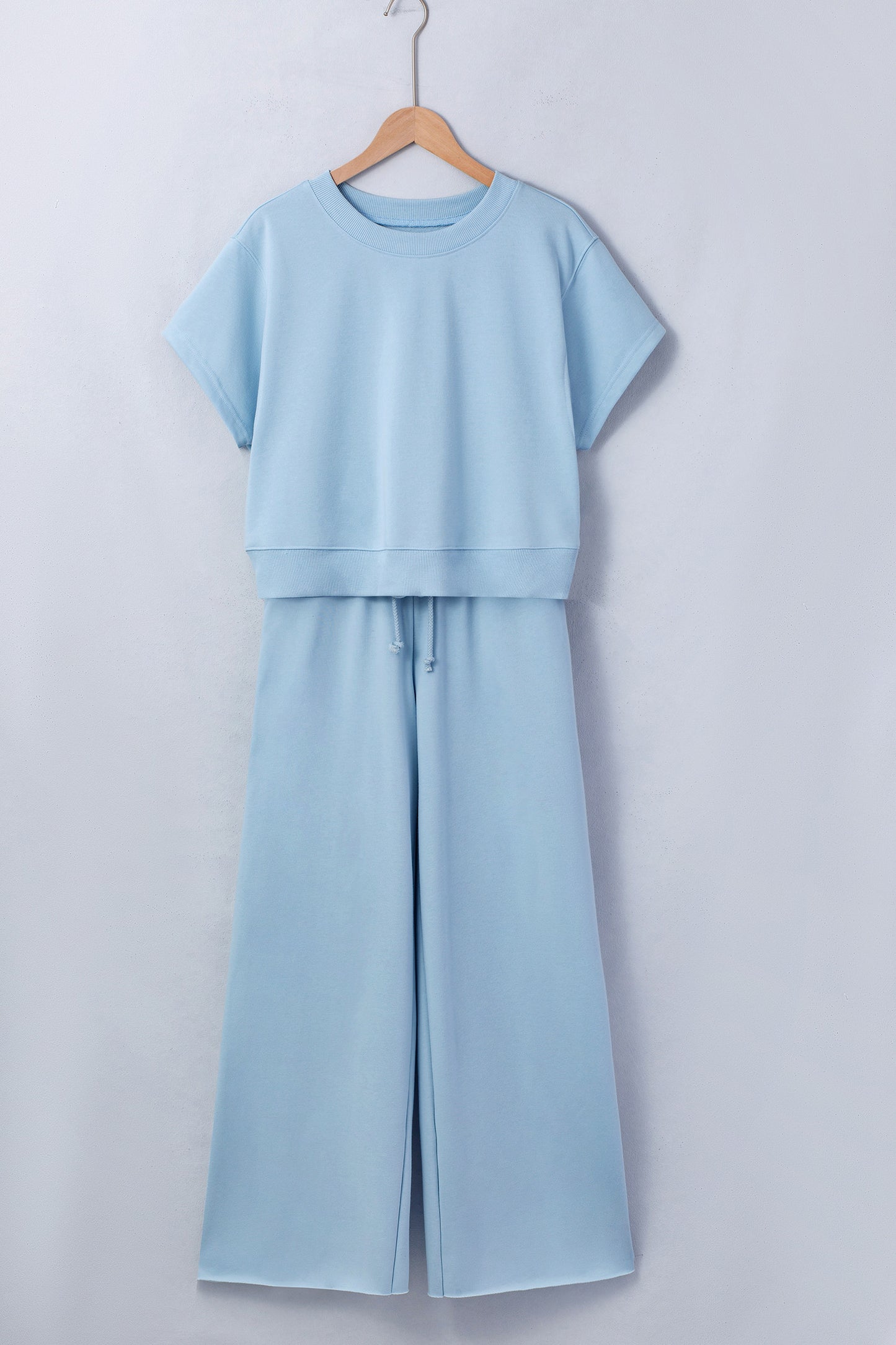 Mist Blue Lounge Set – Soft Tee & Drawstring Wide Leg Pants 2-Piece Outfit