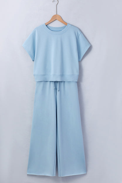 Mist Blue Lounge Set – Soft Tee & Drawstring Wide Leg Pants 2-Piece Outfit