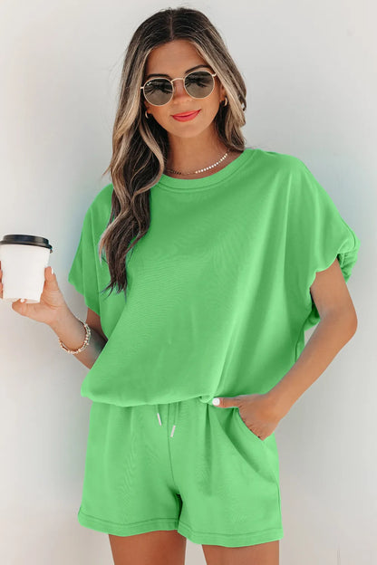 Green Easy Days Shorts Set | Puffy Loose Top & Drawstring Shorts Outfit