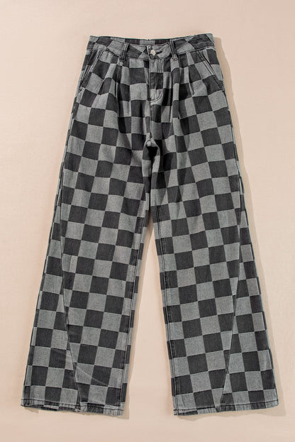 ~PREORDER ~ Dark Grey Checkered Denim Wide Leg Jeans ~PREORDER ~