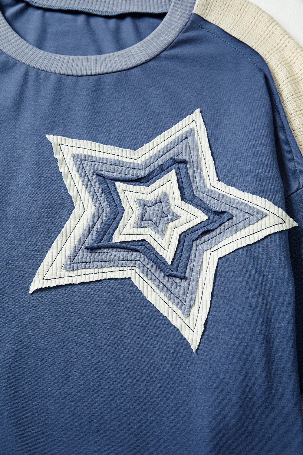 Dark Blue Star Patchwork Colorblock Long Sleeve Top – Oversized Knit Contrast Tee