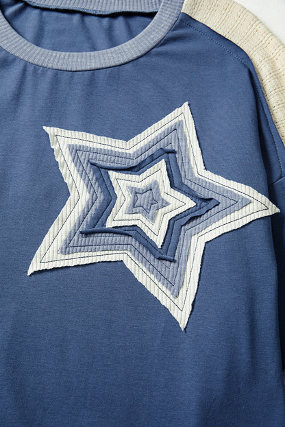 Dark Blue Star Patchwork Colorblock Long Sleeve Top – Oversized Knit Contrast Tee