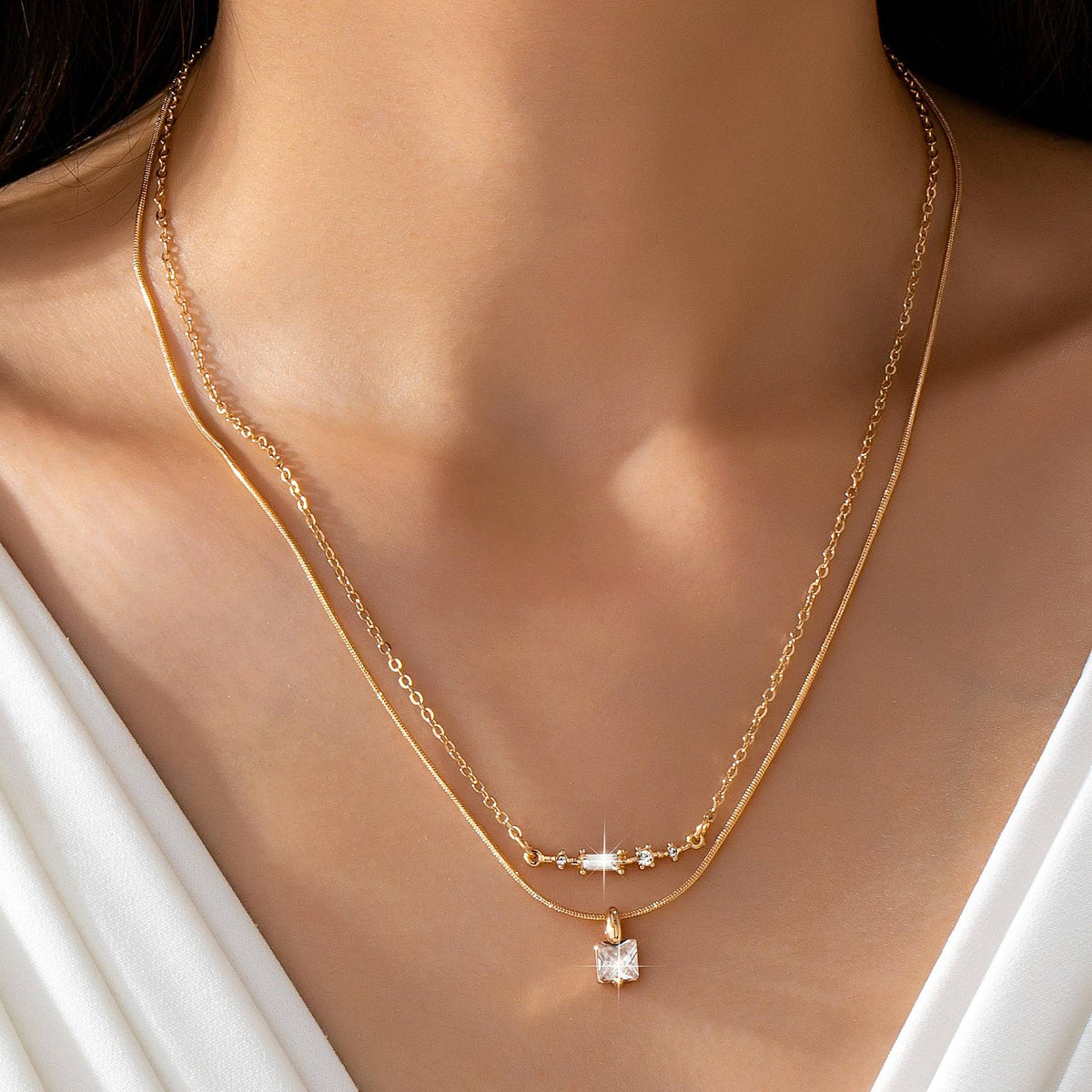 Bar None Sparkle Necklace | Layered Crystal Bar & Solitaire Square Necklace