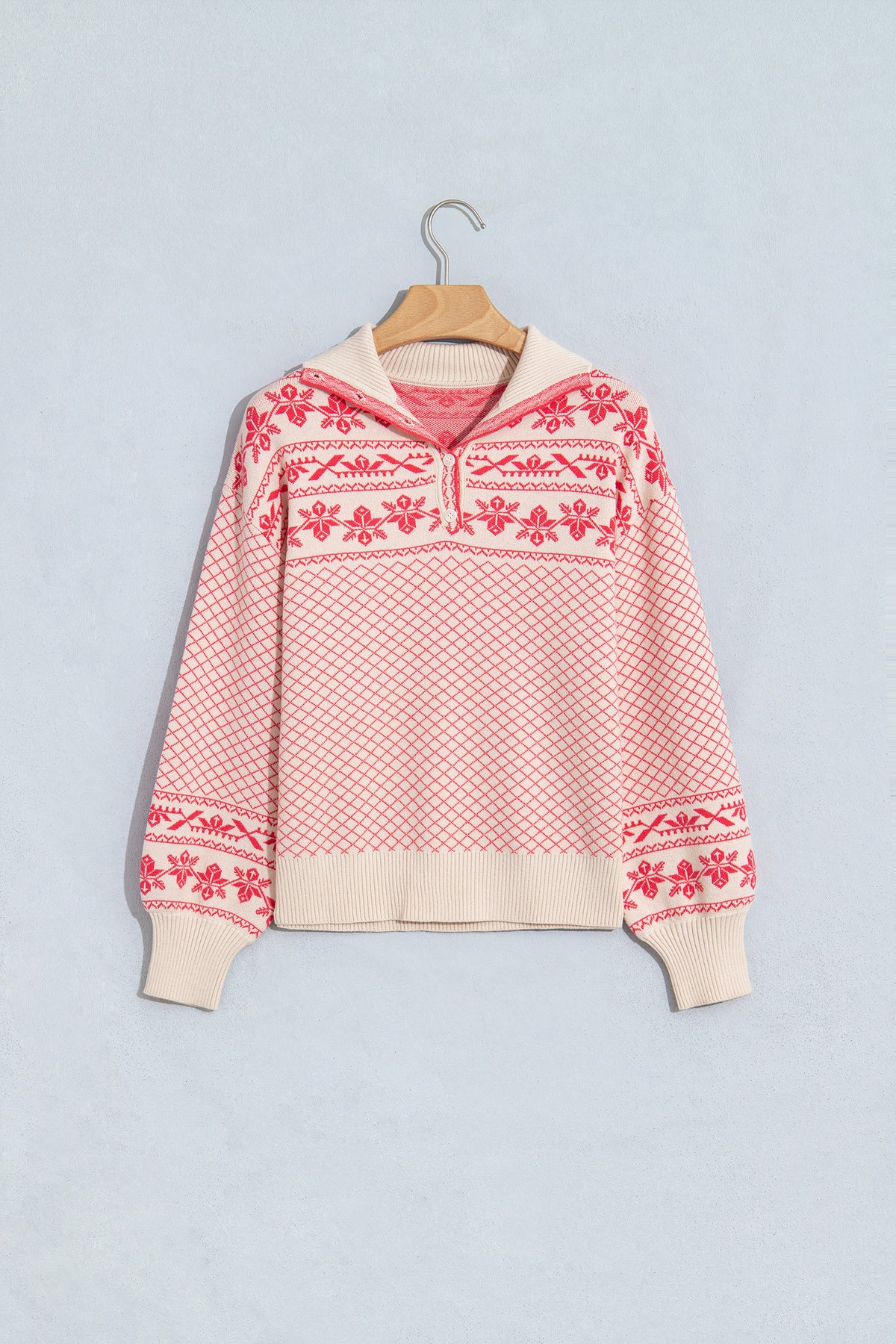 Candy Cane Chalet Sweater | Pink Nordic Quarter Button Knit Pullover