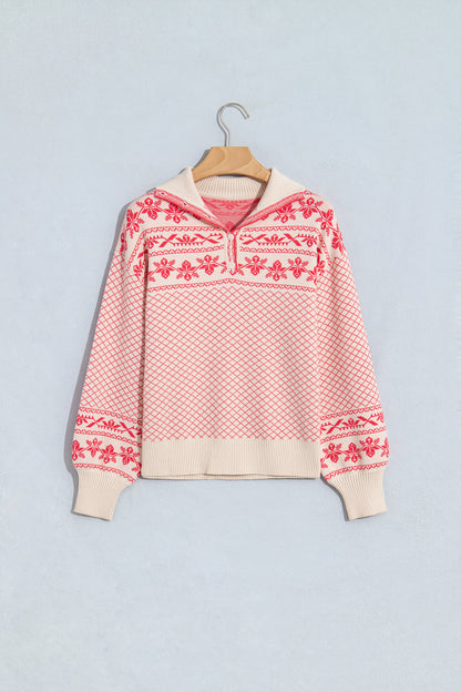 Candy Cane Chalet Sweater | Pink Nordic Quarter Button Knit Pullover