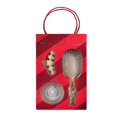 TELETIES Holiday Brush Gift Set | Golden Hair Brush, Claw Clip & Hair Tie Bundle