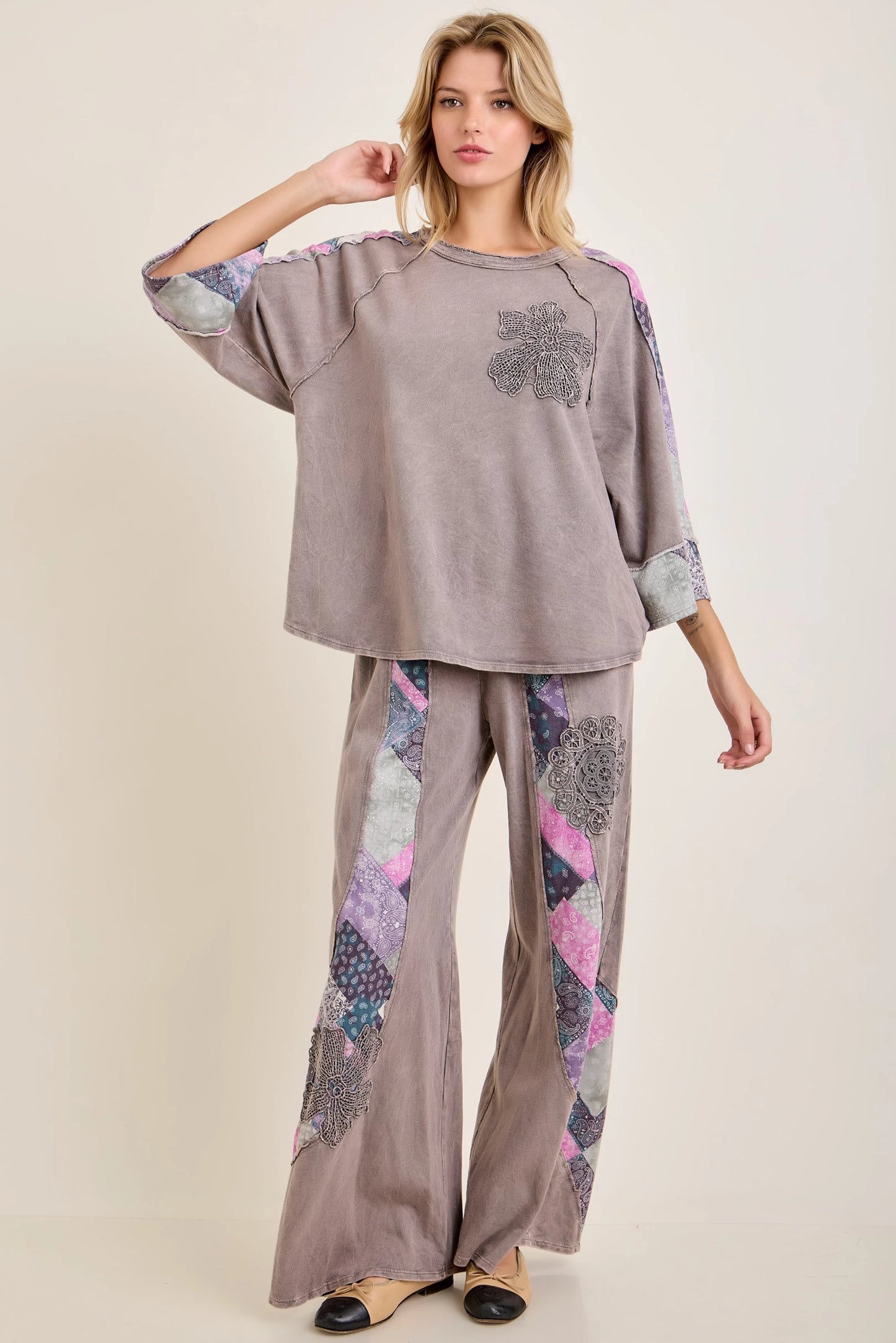 J.Her Mineral Washed Fall Paisley Bloom Patch Top | Boutique Patchwork Blouse