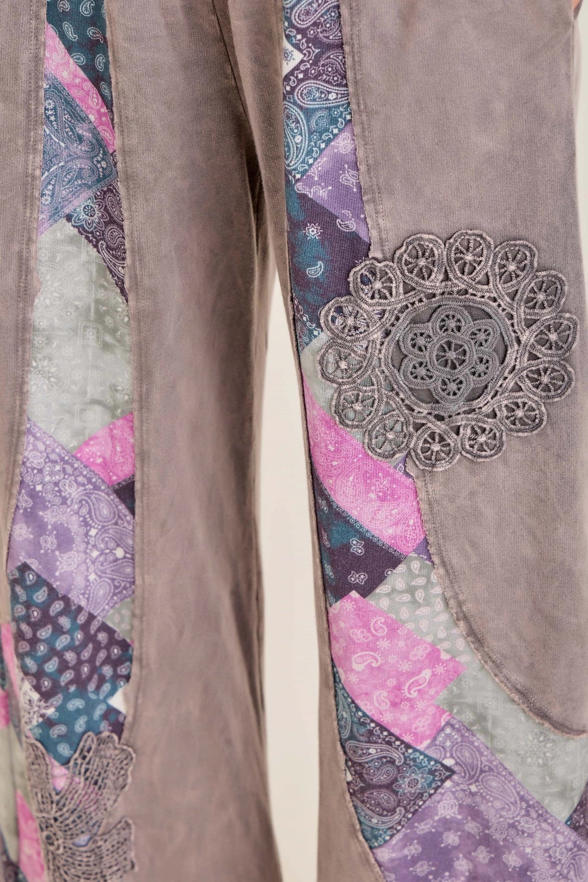 J.Her Mineral Washed Fall Paisley Bloom Patch Pants | Wide Leg Boutique Statement Pants