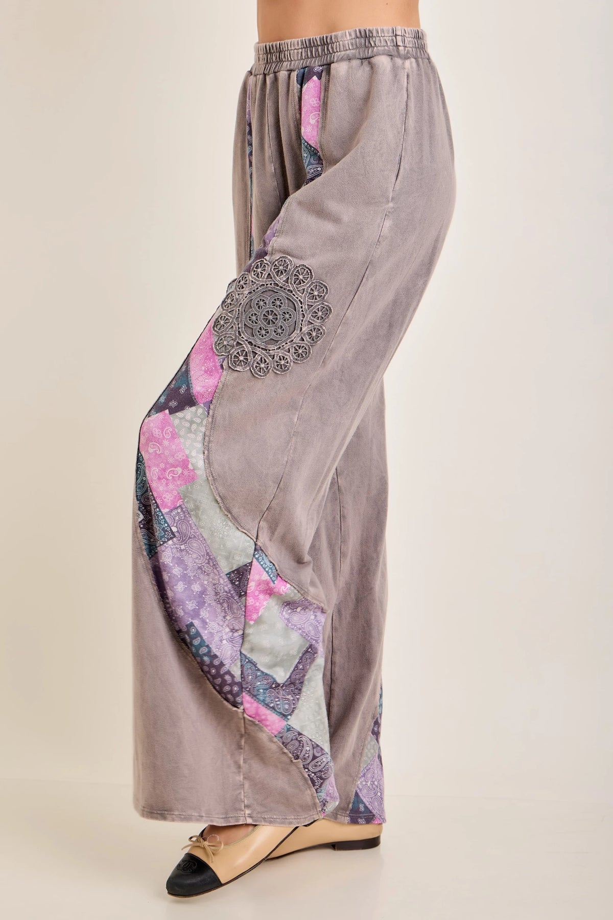 J.Her Mineral Washed Fall Paisley Bloom Patch Pants | Wide Leg Boutique Statement Pants