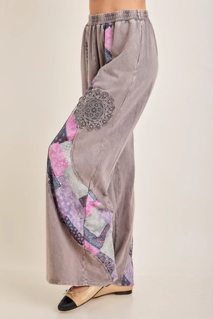 J.Her Mineral Washed Fall Paisley Bloom Patch Pants | Wide Leg Boutique Statement Pants