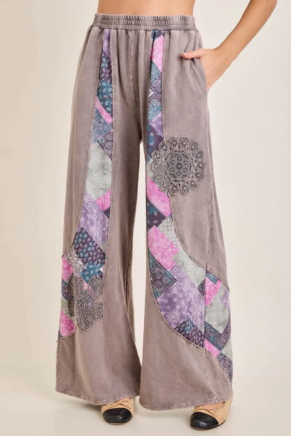J.Her Mineral Washed Fall Paisley Bloom Patch Pants | Wide Leg Boutique Statement Pants