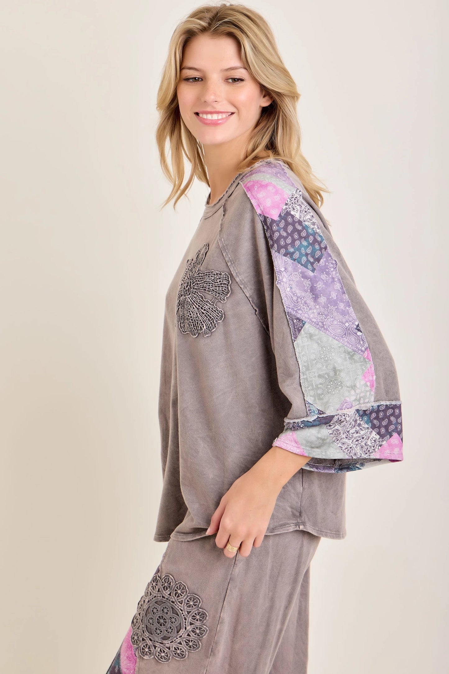J.Her Mineral Washed Fall Paisley Bloom Patch Top | Boutique Patchwork Blouse