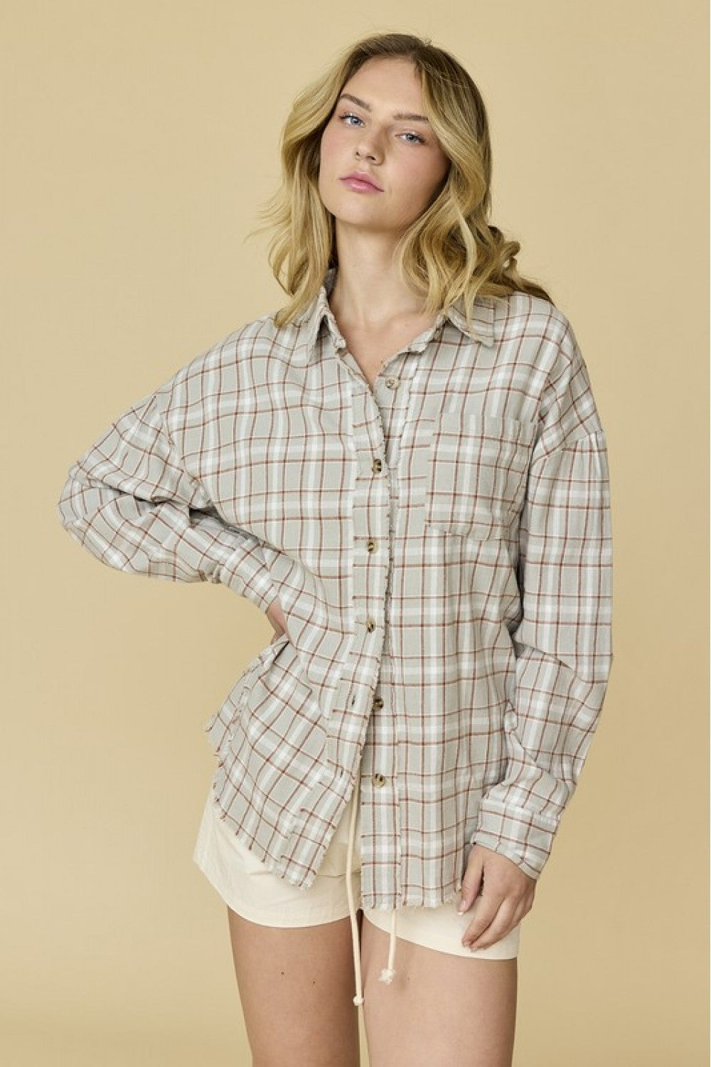 Marley Oversized Tunic Length Plaid Shirt W/ Fray Detail Papermoon