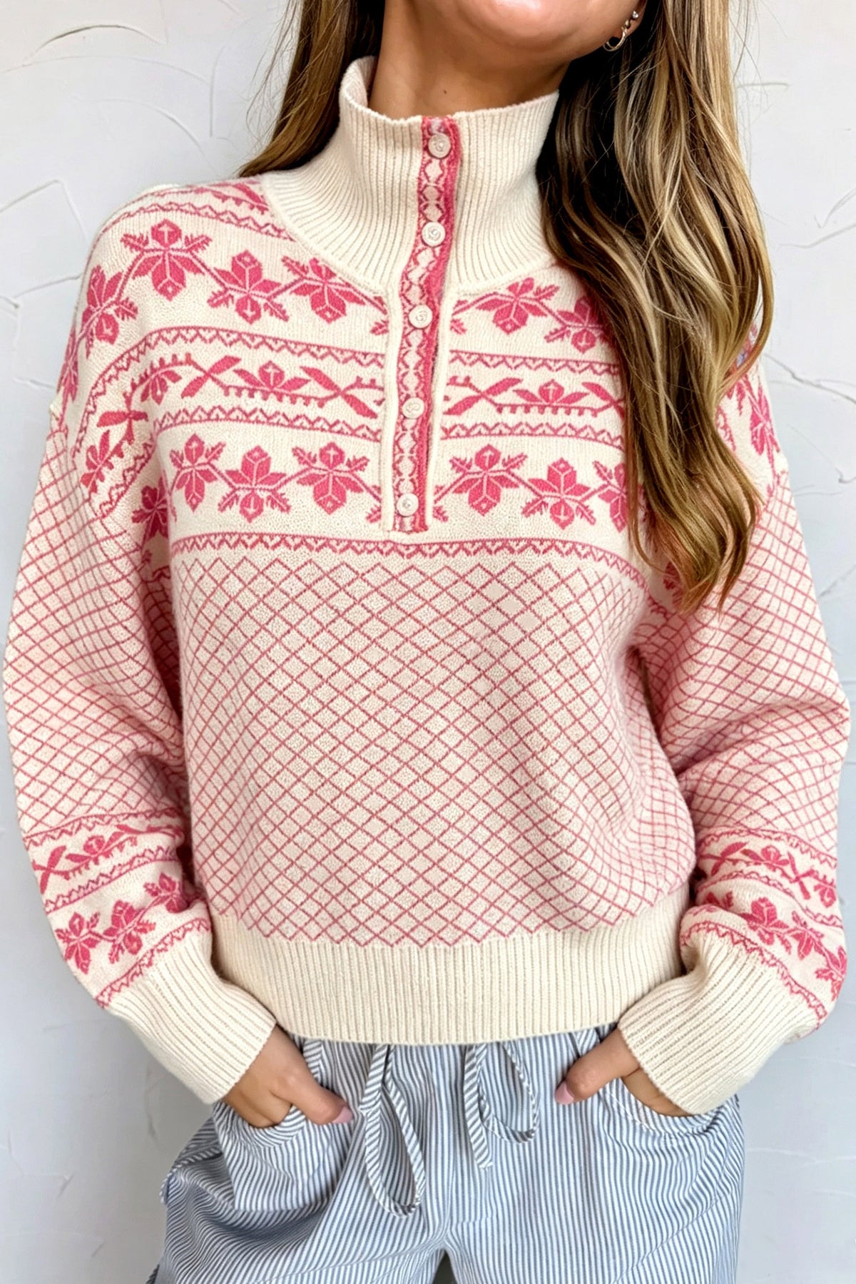 Candy Cane Chalet Sweater | Pink Nordic Quarter Button Knit Pullover